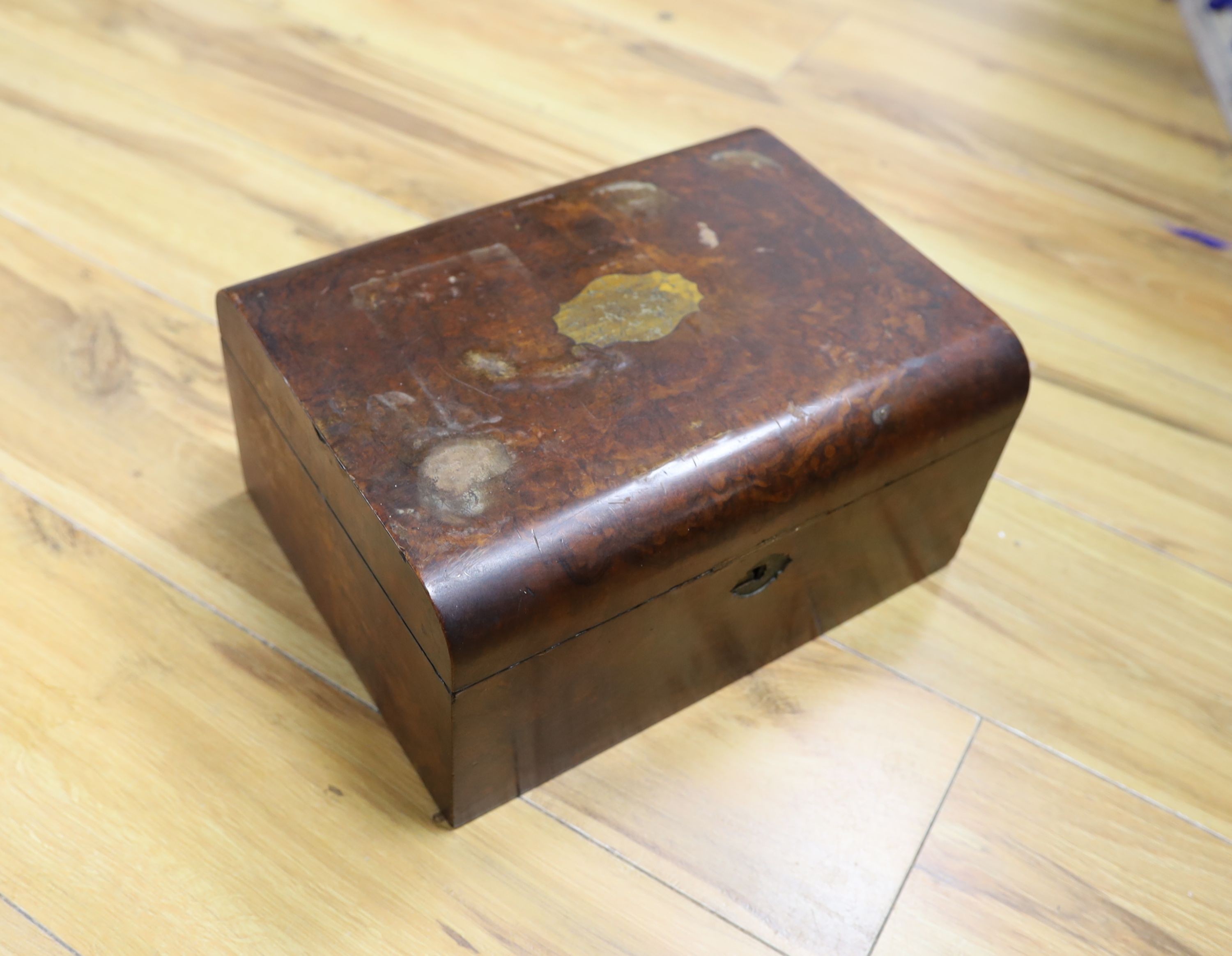 A Victorian burr walnut sewing box, 30cm, and contents